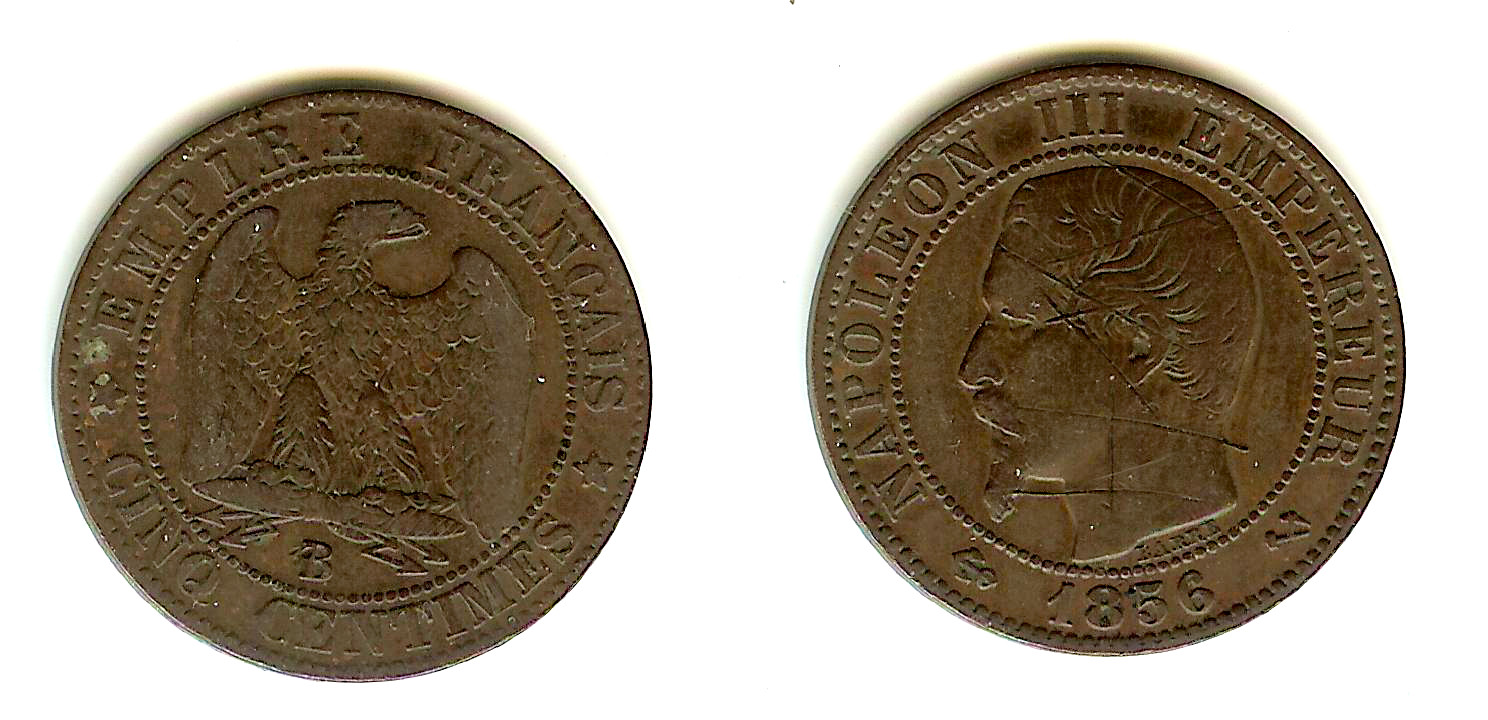 Cinq centimes Napoléon III, tête nue 1856 Rouen TB++